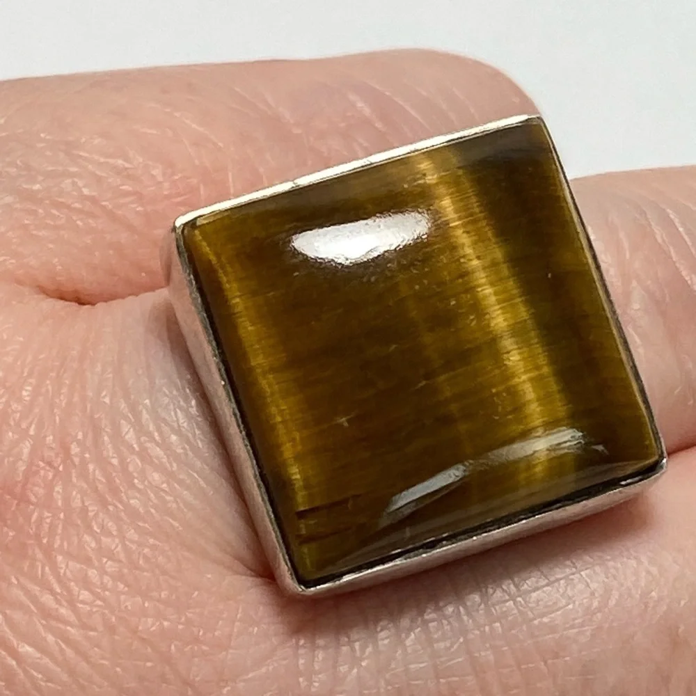 Tiger’s Eye 925 Artisan Native Ring Sterling Silver Size 7.25 Square 11.82g